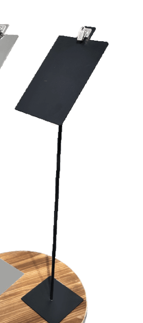 Sign holder with angled panel and clips, black, base plate 10 x 10 cm, sign plate 11 x 17 cm, H63 cm