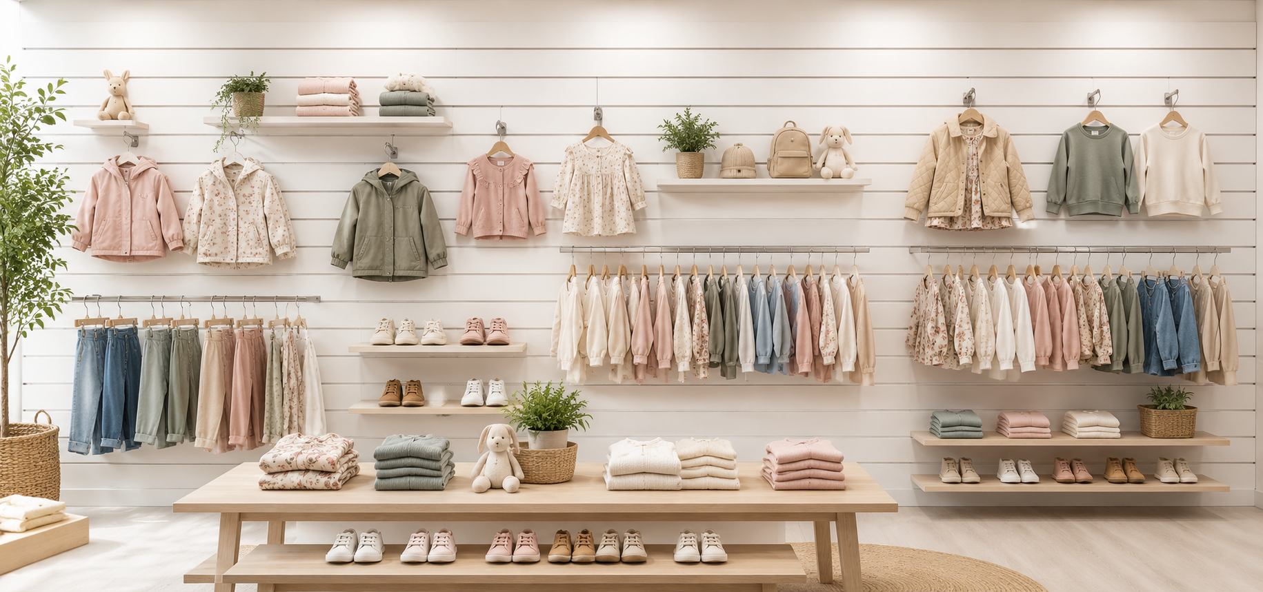 Hvidt rillepanel brugt som salgsvæg til børnetøj i butik