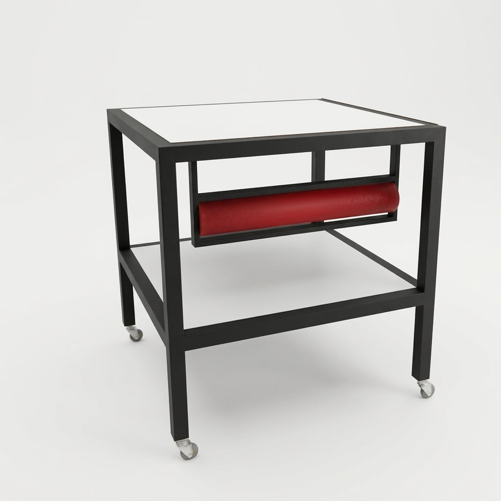 Packing table on wheels with white tabletop. 80 x 80 x H80 cm. With paper roll holder
