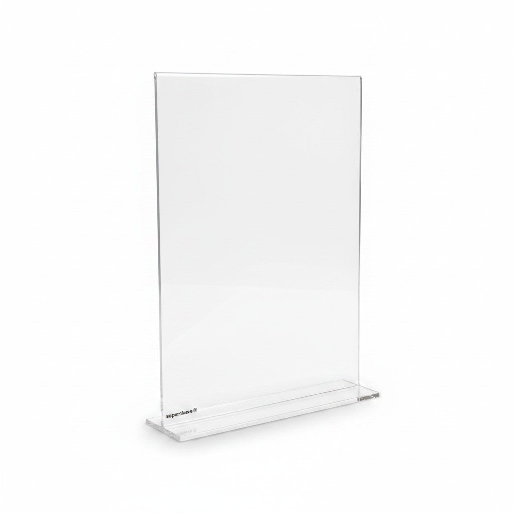 SuperSellerS A4 vertical clear acrylic sign holder with a stable base for retail displays and tabletops.
