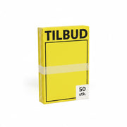 SuperSellerS A4 yellow cardboard sale signs with black Tilbud text, pack of 50 pieces for retail display.