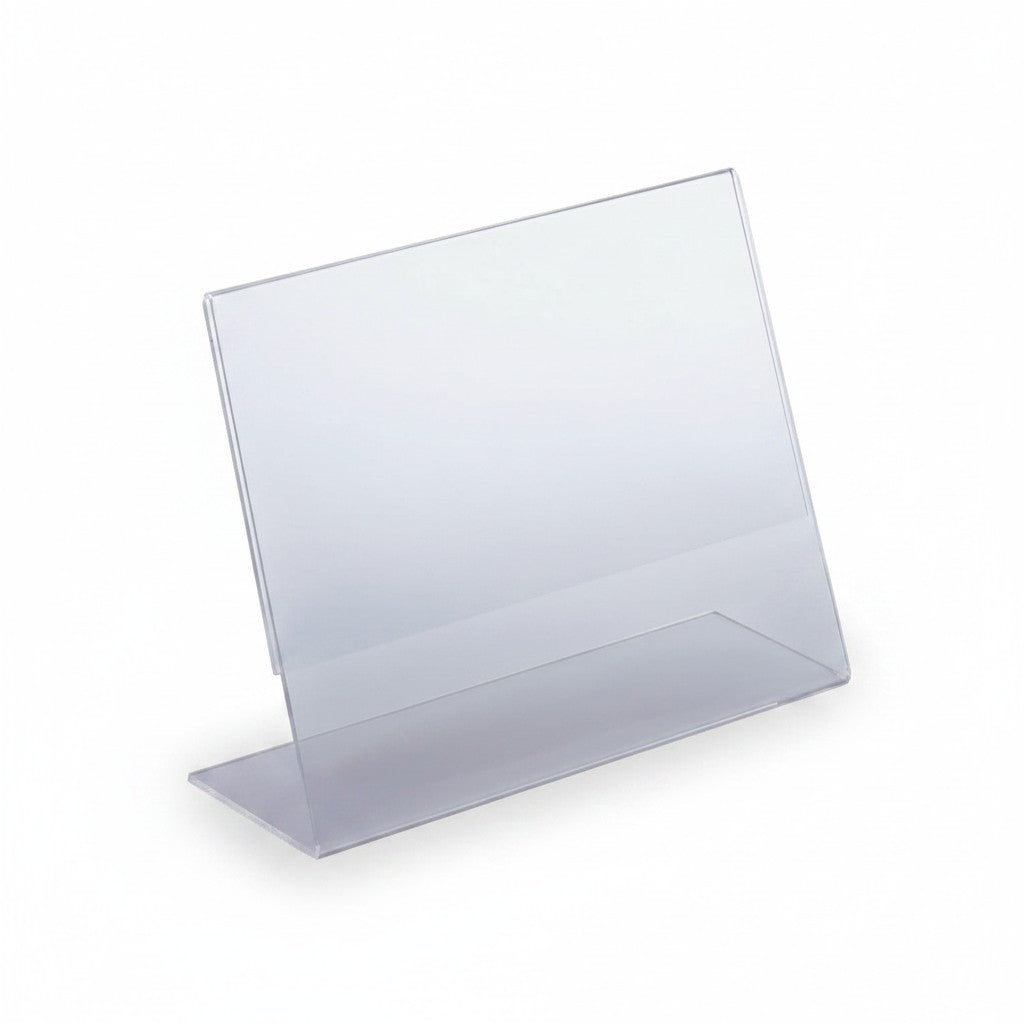 SuperSellerS A5 slanted acrylic sign holder for table or shelf display, clear landscape orientation
