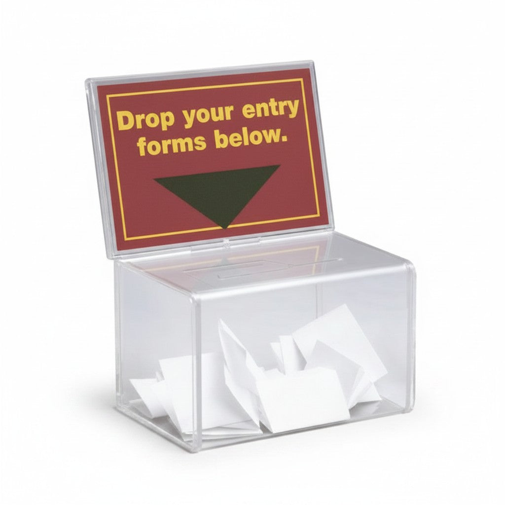 SuperSellerS clear acrylic ballot box with an integrated sign holder for entry forms, measuring 20.7 x 15.5 x 11 cm.