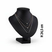 SuperSellerS large black faux leather necklace display bust, 24.5 cm tall, showcasing three layered necklaces.