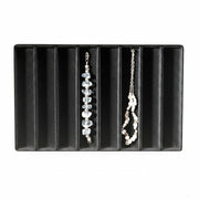 SuperSellerS black jewelry display tray with eight long compartments holding two delicate necklaces