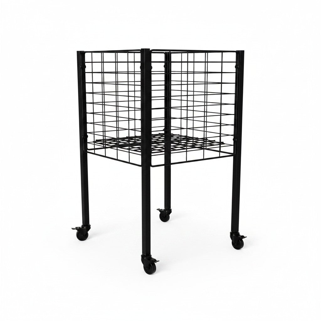 SuperSellerS black powder-coated metal retail display basket with wheels and an adjustable base for shop promotions.