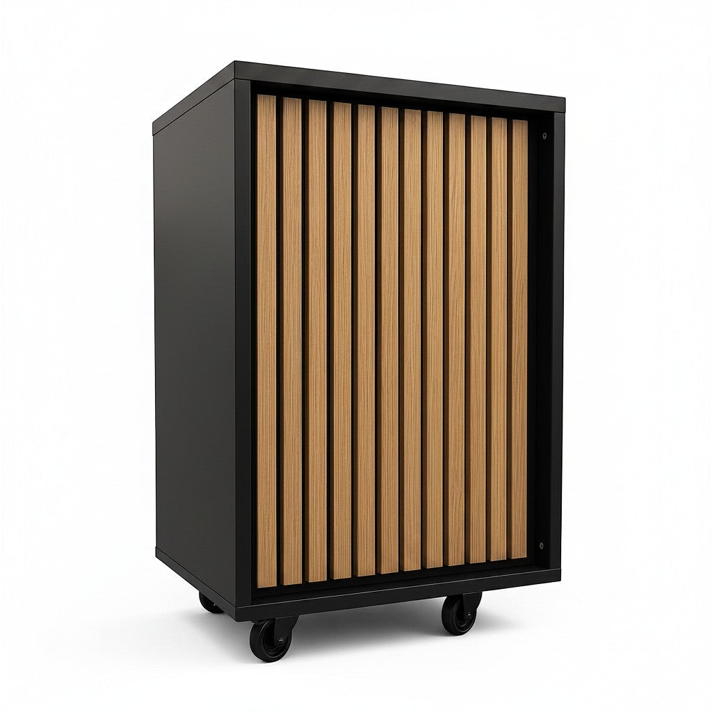 SuperSellerS black modular display counter with a vertical wooden slat acoustic front panel on wheels
