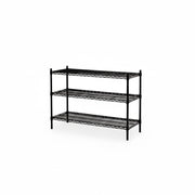 SuperSellerS black TUBO wire shelving unit with three tiers, measuring 122cm wide and 90cm high.