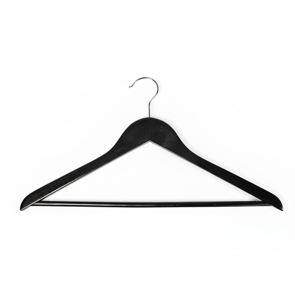 SuperSellerS black solid wood clothes hanger with trouser bar, 45 cm wide and 12 mm thick for adult garments.