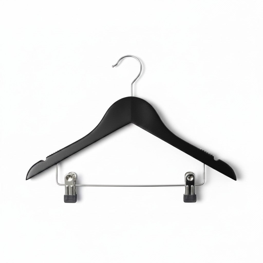 SuperSellerS black wooden baby clothes hanger with metal clips and hook for skirts and trousers