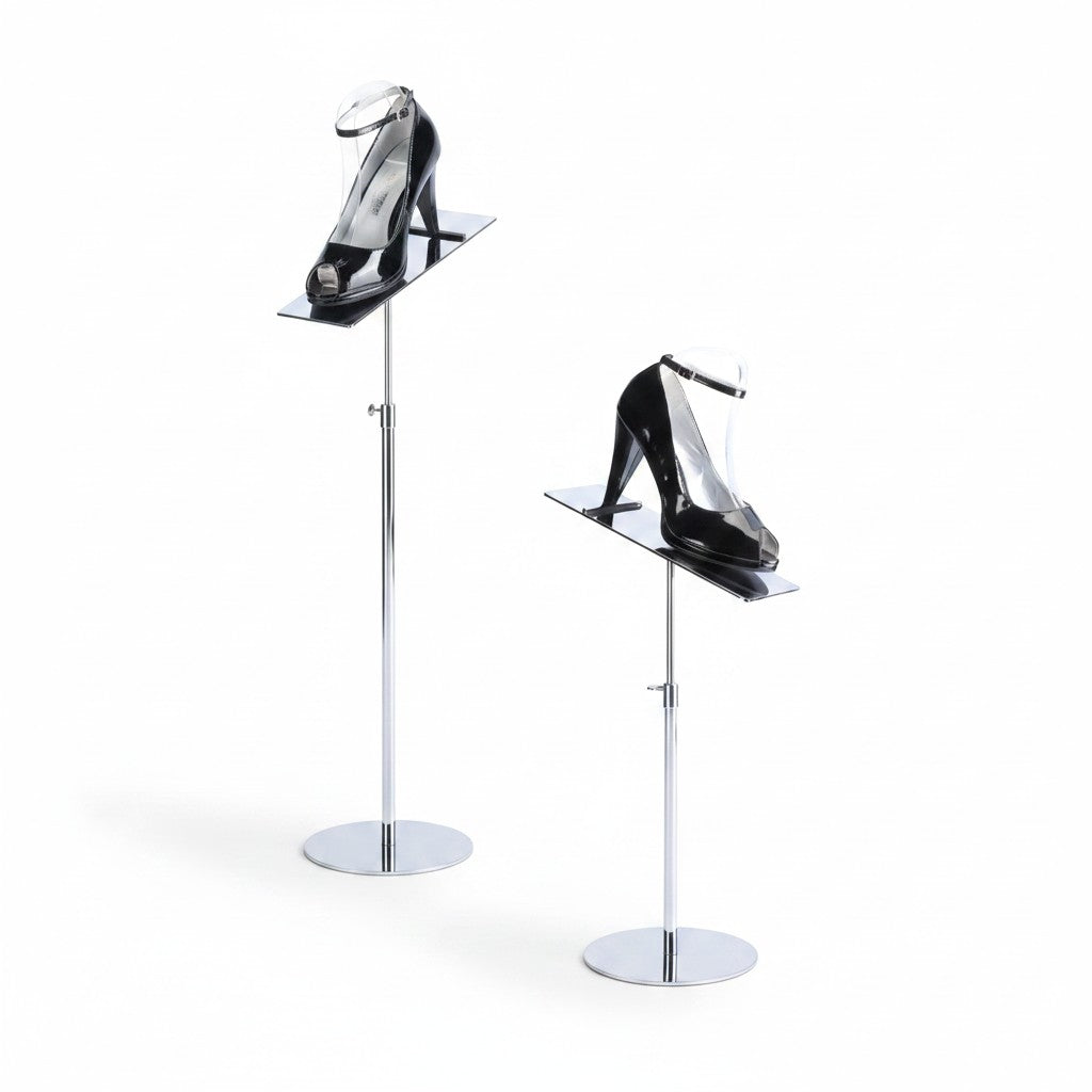 SuperSellerS chrome adjustable shoe display stands with angled plates and heel stoppers for retail store windows.