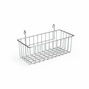 SuperSellerS chrome metal wire basket for grid and TUBO shelving systems, 36x12x17 cm for retail display.