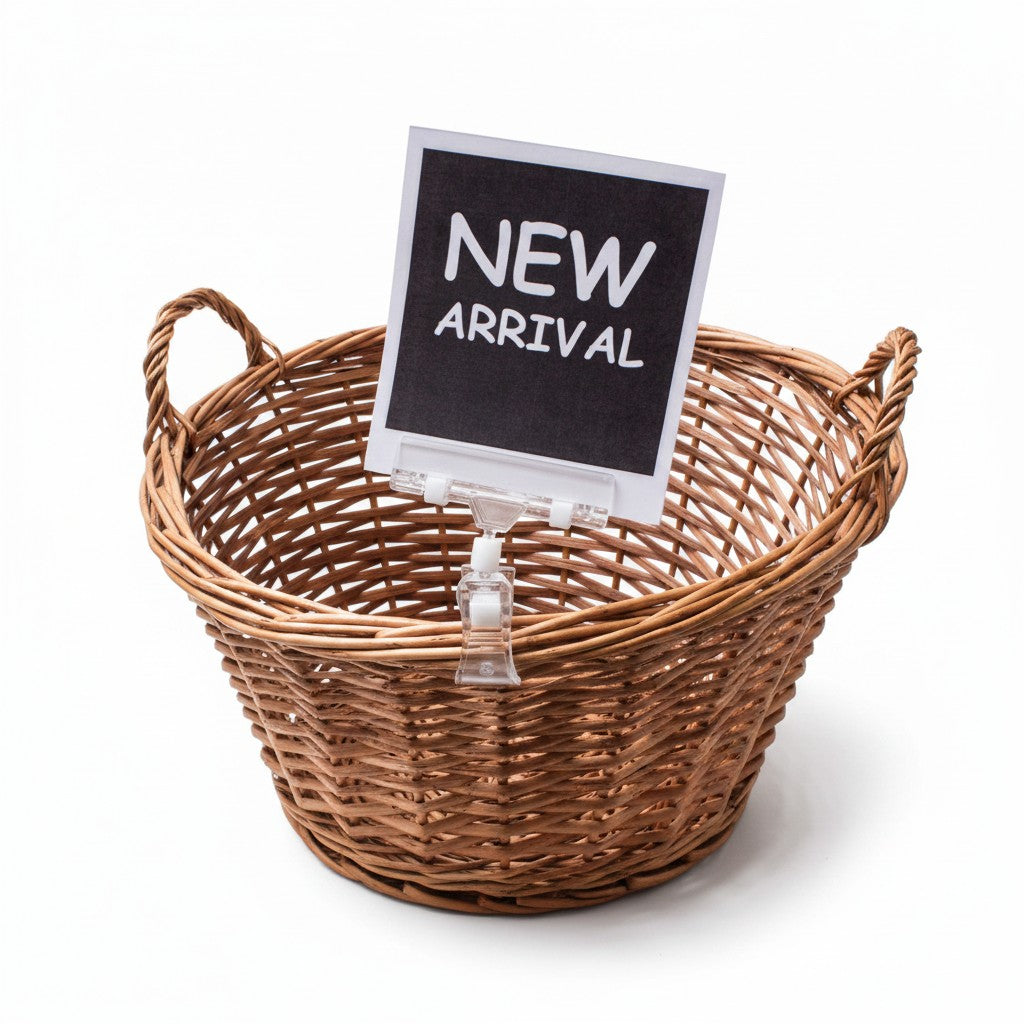 SuperSellerS clear acrylic sign holder with wide clamp attached to a round woven wicker basket displaying a sign