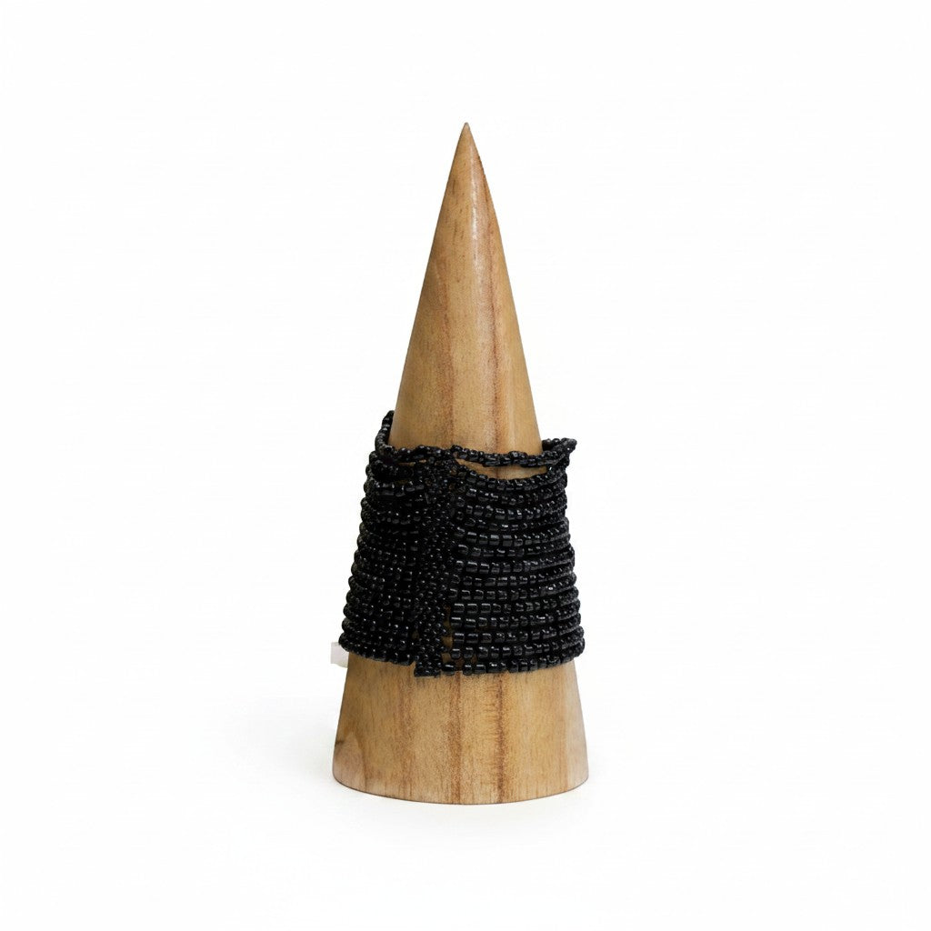 SuperSellerS cone-shaped natural wood bracelet display stand holding a black beaded bracelet