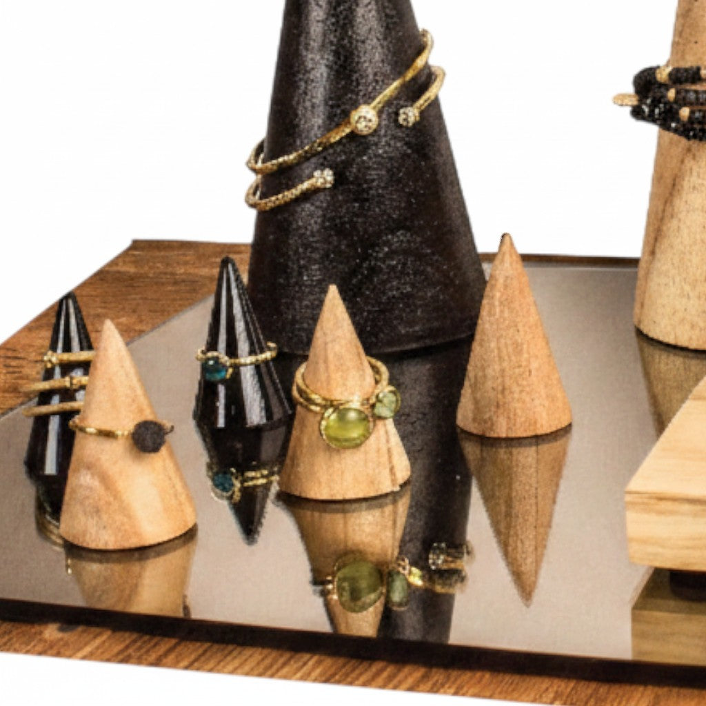 SuperSellerS set of 3 cone-shaped natural wood ring displays for jewelry presentation on a mirrored surface