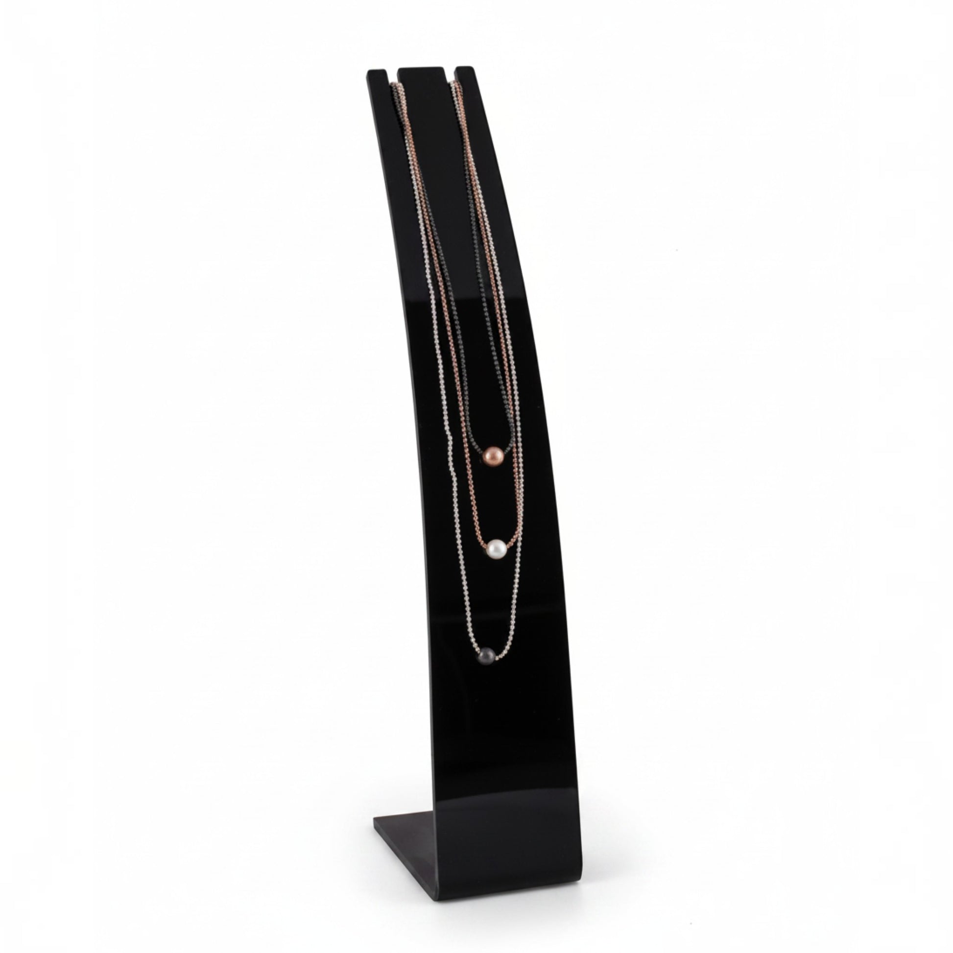 SuperSellerS curved black acrylic necklace display stand for jewelry retail presentation