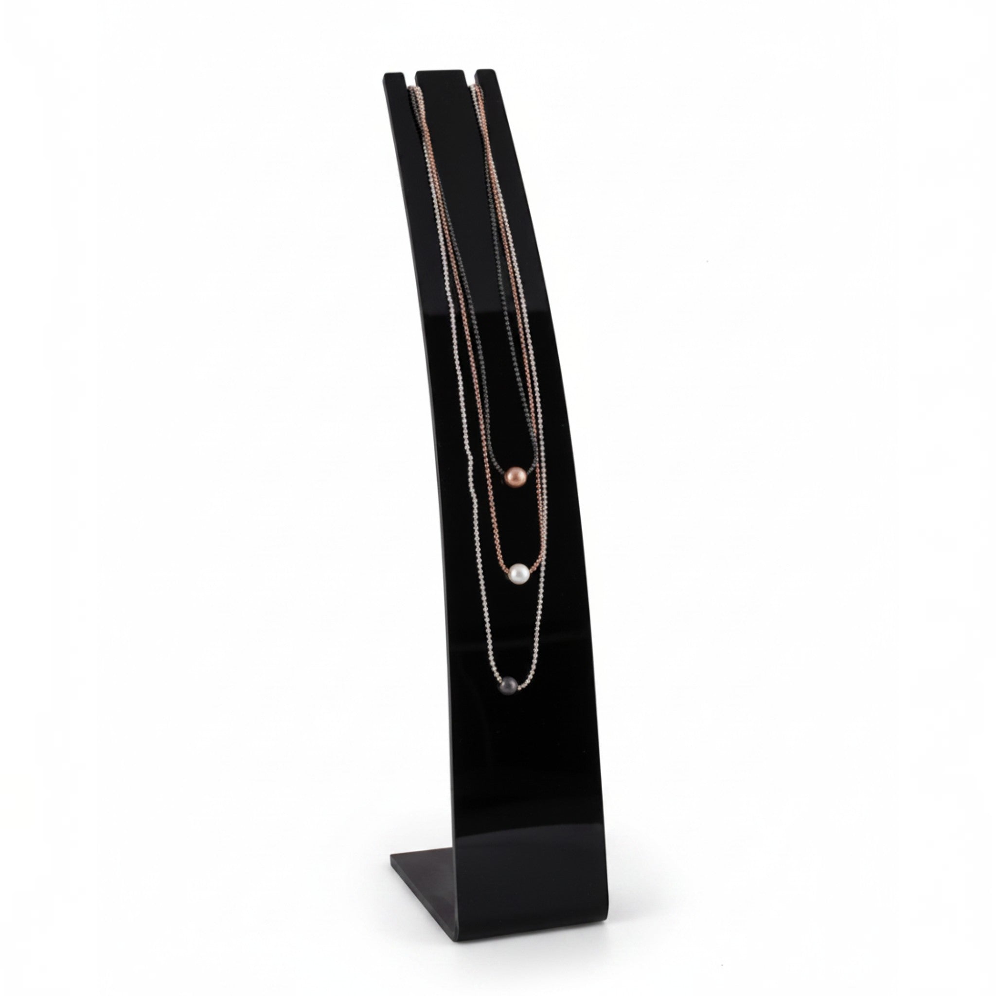 SuperSellerS curved black acrylic necklace display stand for jewelry retail presentation
