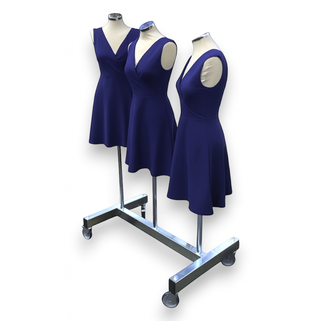 SuperSellerS Fantasy no. 3 rolling clothing rack with three female torso mannequins wearing blue dresses
