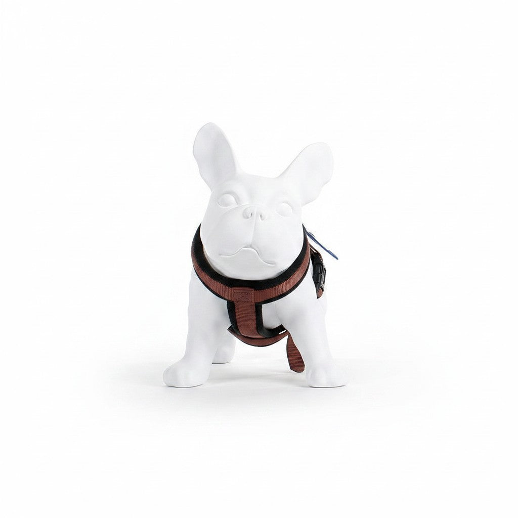 SuperSellerS Luis French bulldog mannequin in matte white plastic wearing a brown and black dog harness