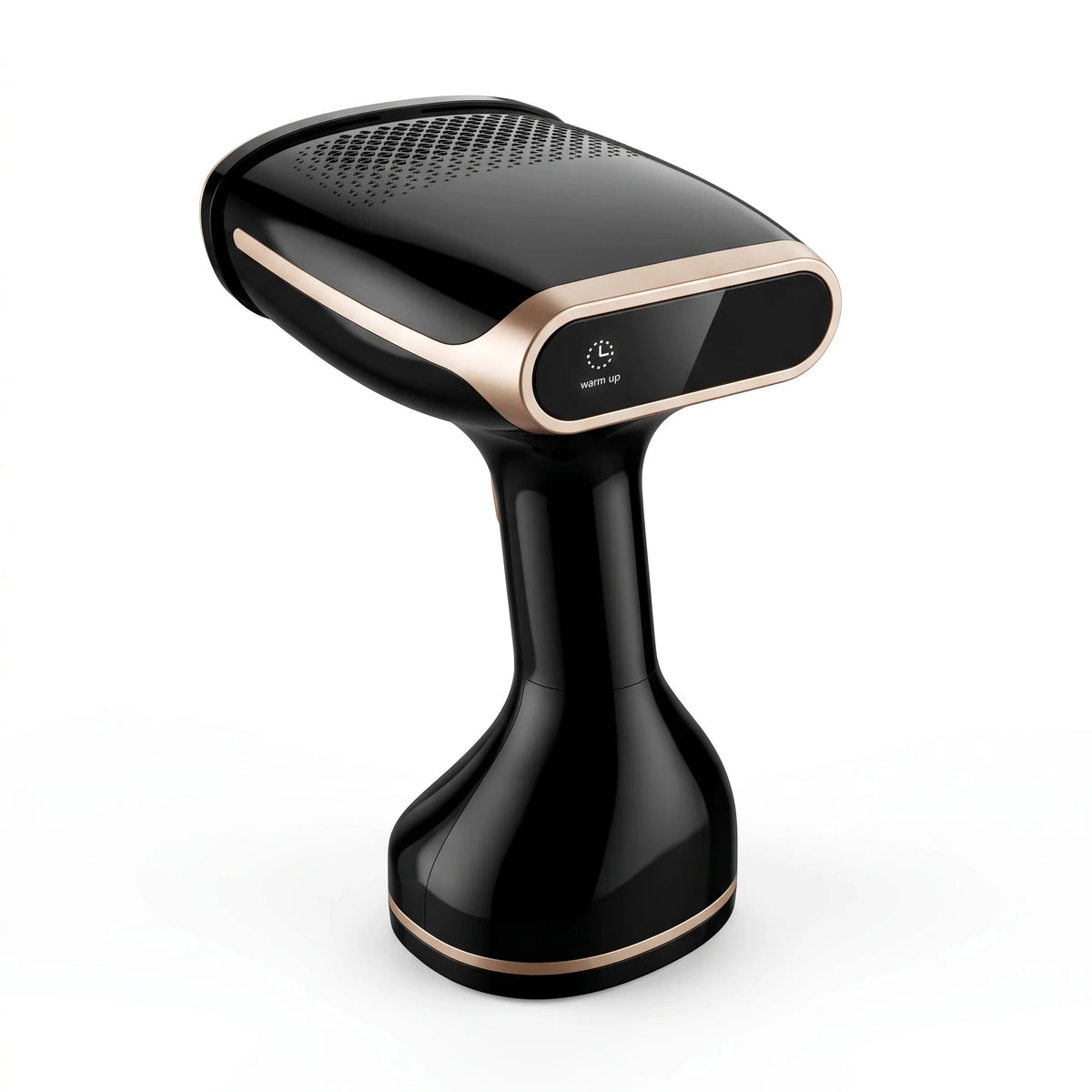 SuperSellerS HANDY Henry klædnadampari úr svørtum plasti við gyltum detaljum, LED-skíggja og ergonomiskum sniði.