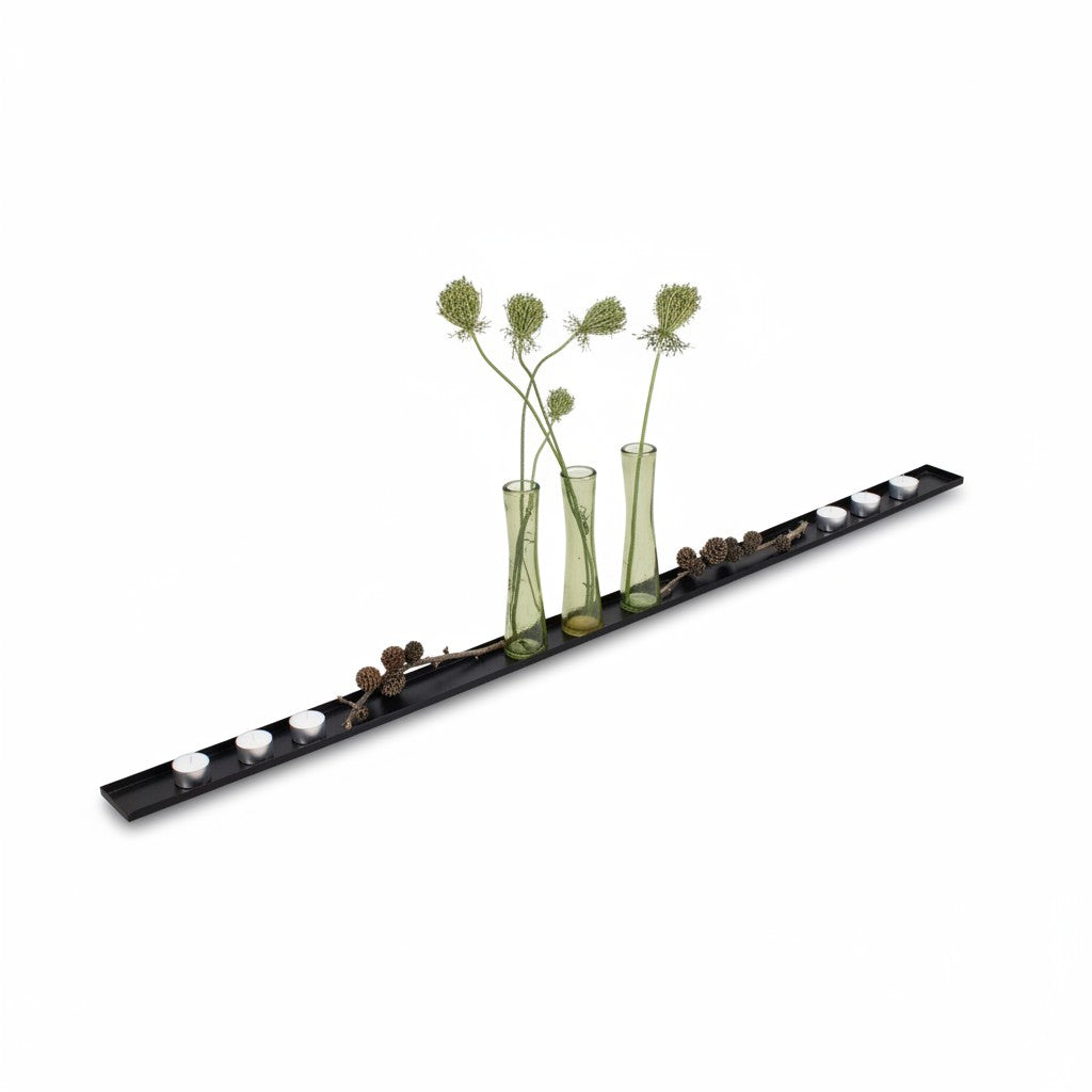 SuperSellerS long narrow black metal decorative tray styled with glass vases and tea light candles