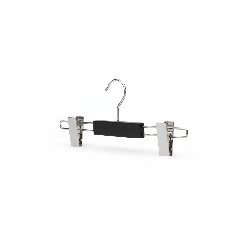 SuperSellerS 30 cm matte black wooden trouser hanger with satin chrome clips and hook