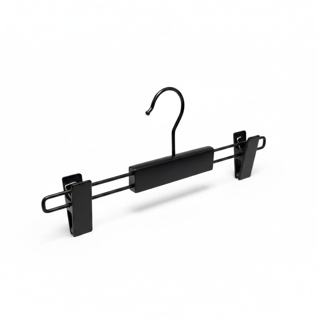 SuperSellerS 30 cm wooden trouser hanger in matte black with adjustable clips and a matching matte black metal hook.