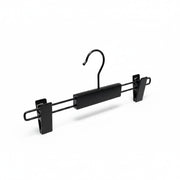SuperSellerS 30 cm wooden trouser hanger in matte black with adjustable clips and a matching matte black metal hook.