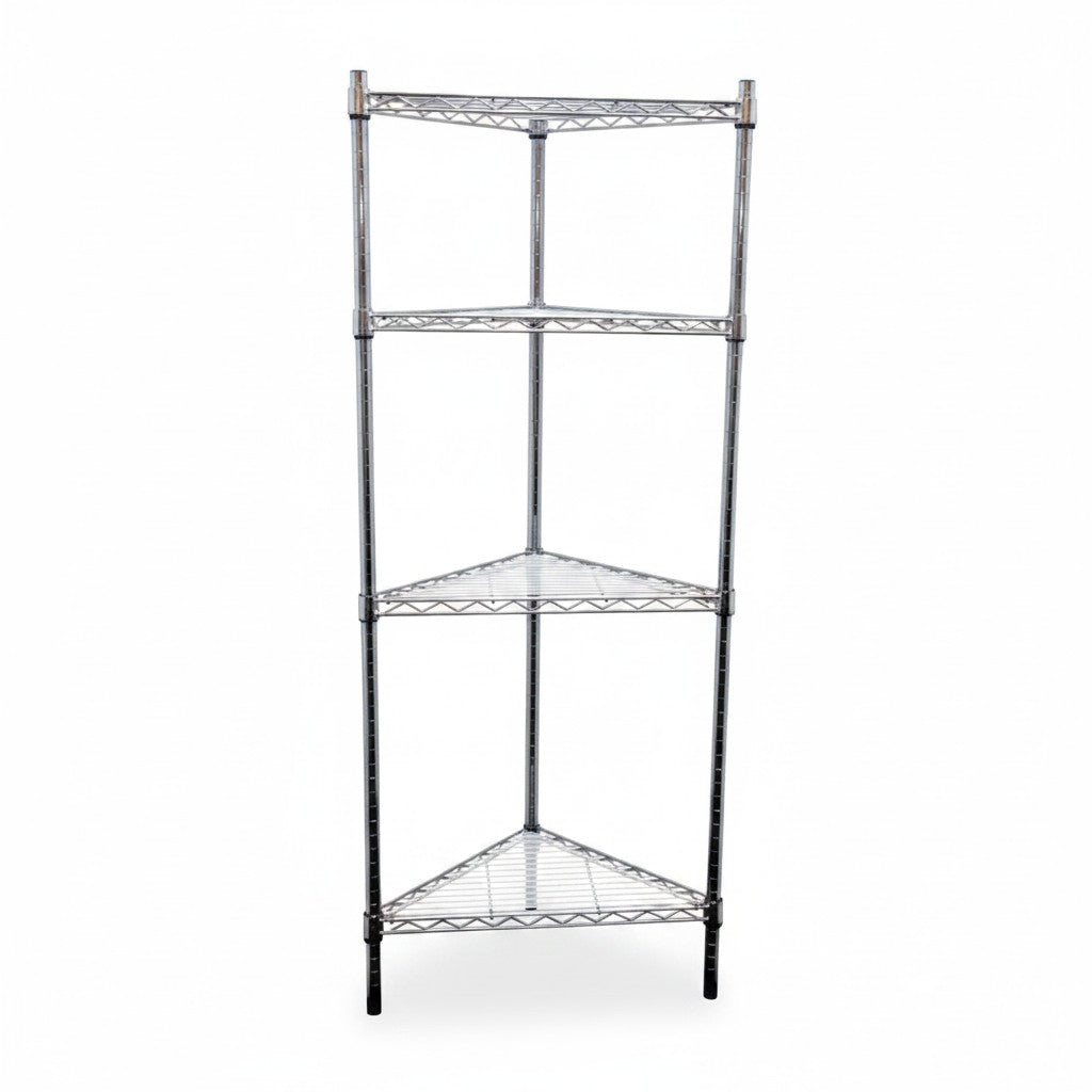 SuperSellerS triangular wire shelving unit with three chrome shelves for corner storage