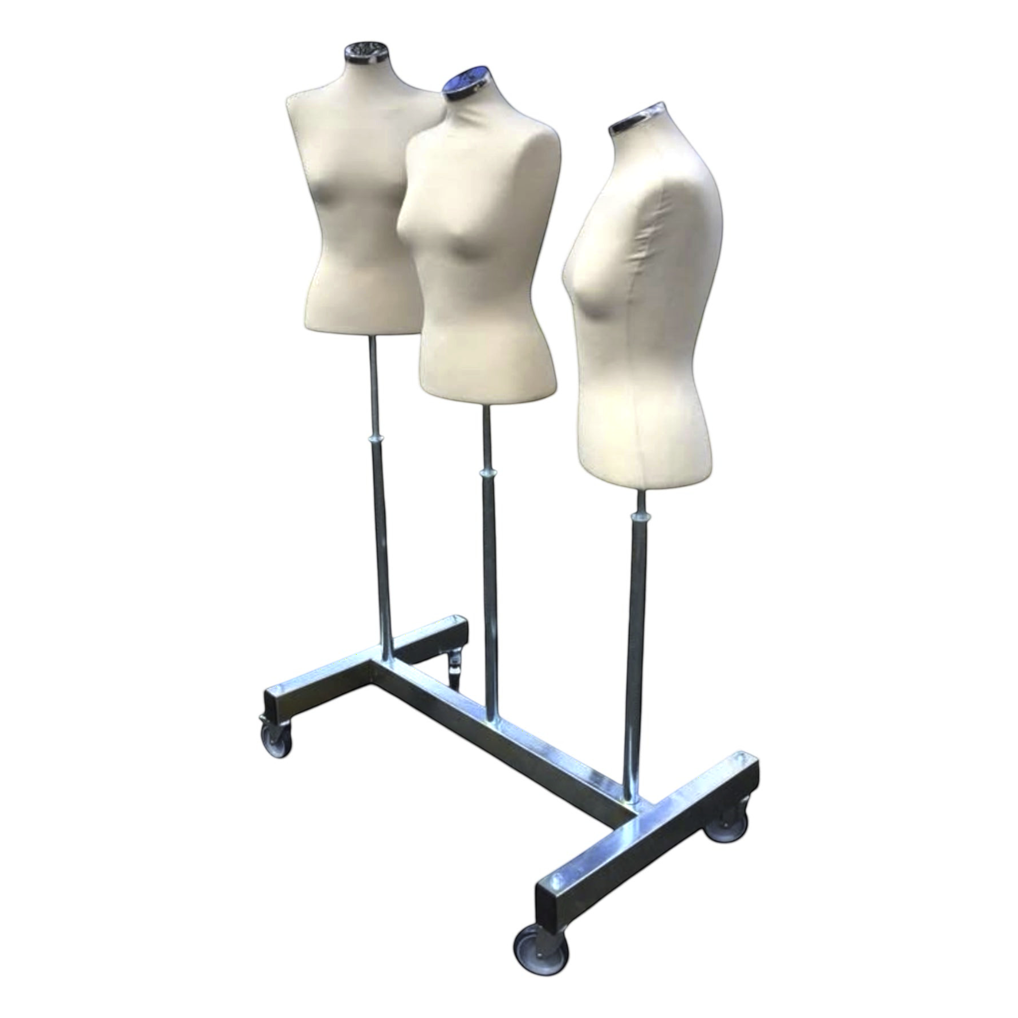 SuperSellerS Fantasy no. 3 clothing rack with three cream fabric female torso mannequins on a rolling metal base