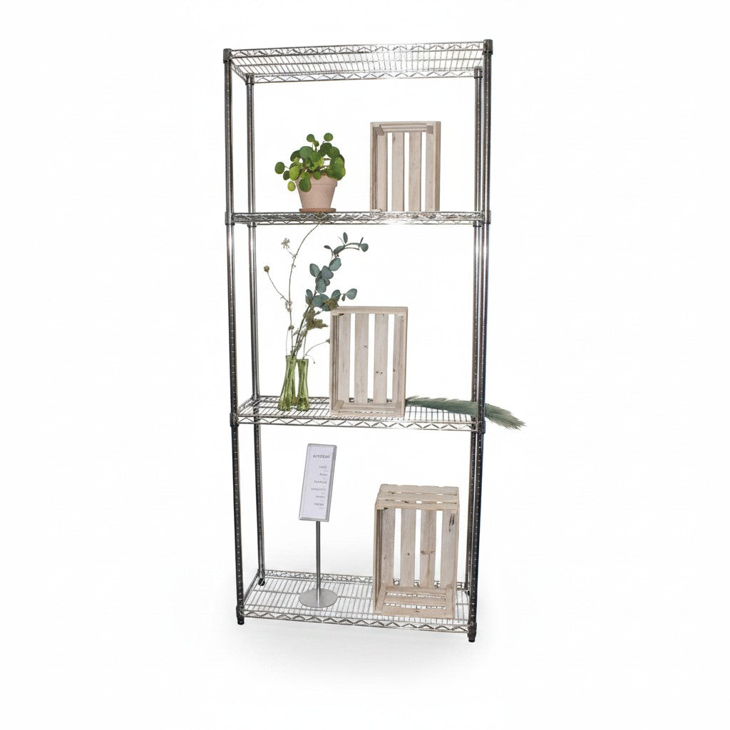 SuperSellerS TUBO tall chrome wire shelving unit with four tiers, styled with wooden crates and plants