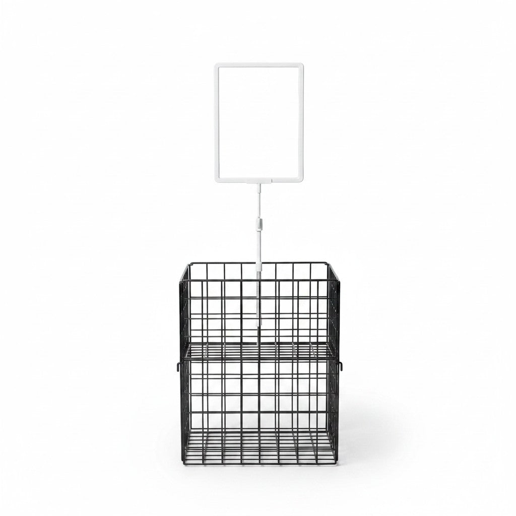 SuperSellerS white A4 sign holder with spring mount attached to a black wire basket for retail product display