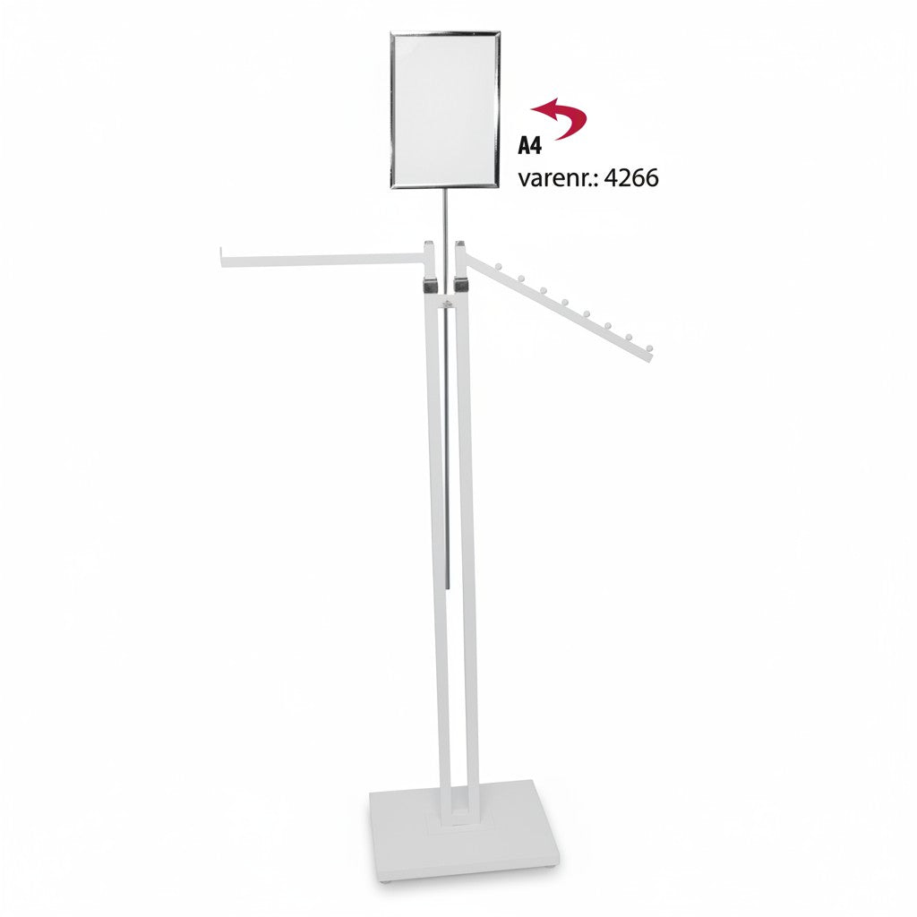 SuperSellerS white adjustable clothing display stand with one straight arm and one slanted arm with sign holder