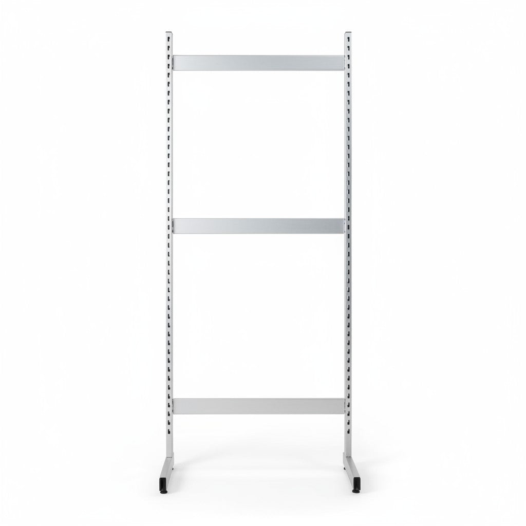 SuperSellerS white L-shaped metal gondola display column with adjustable feet for retail store shelving