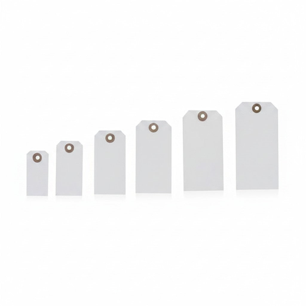 SuperSellerS white manila tags in various sizes with reinforced eyelets for retail product labeling