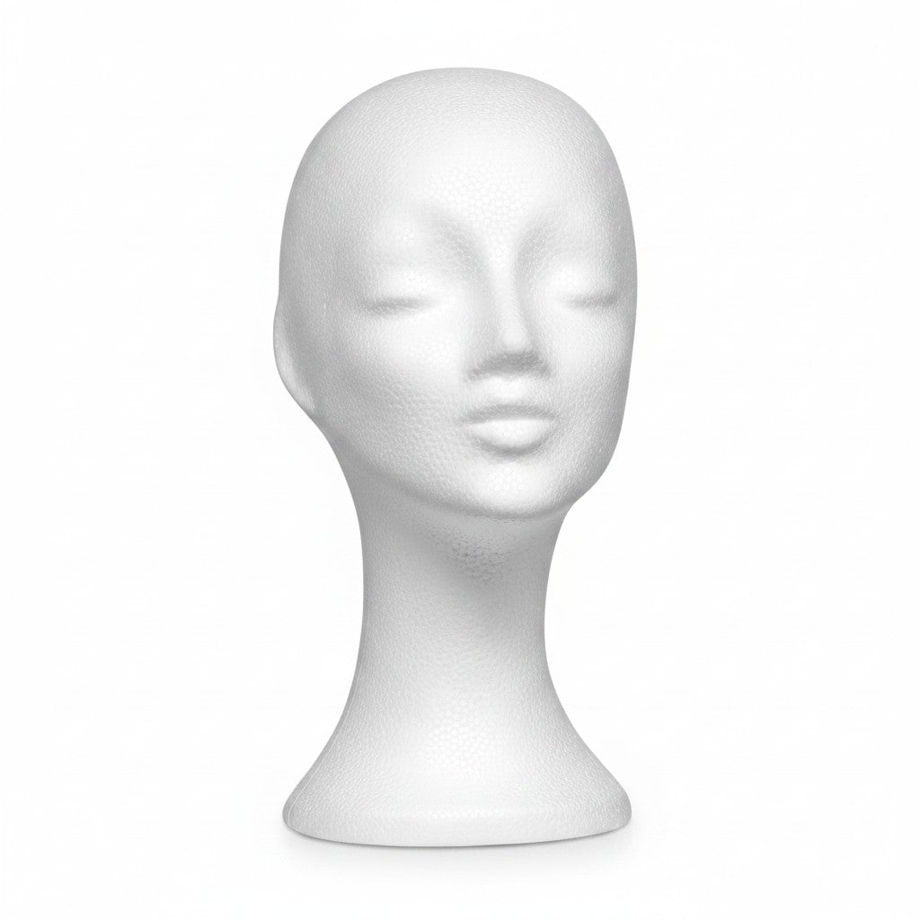 SuperSellerS white polystyrene female mannequin head for displaying hats, sunglasses, and jewelry accessories.