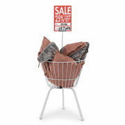 SuperSellerS white wire merchandiser basket with sign holder displaying sale cushions in a retail store setting