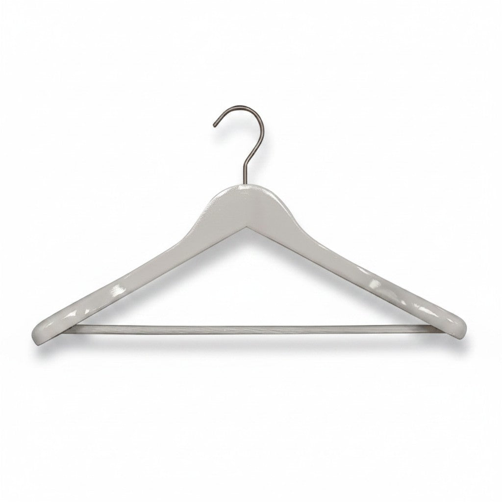 SuperSellerS heavy-duty white wooden jacket hanger with satin chrome hook and non-slip rubberized trouser bar