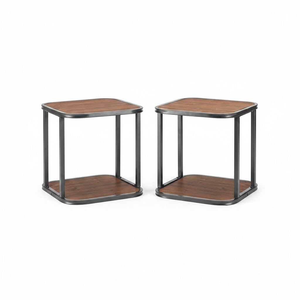 SuperSellerS set of two square display cubes with warm wood-look shelves and dark grey metal frames