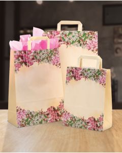 Papirpose, nostalgi, creme med blomster, 22 x 10 x H29 cm, pk. med 50 stk., 80 gram