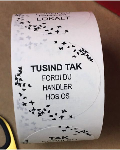 Rund etiket, handler lokalt TAK. 500 stk.