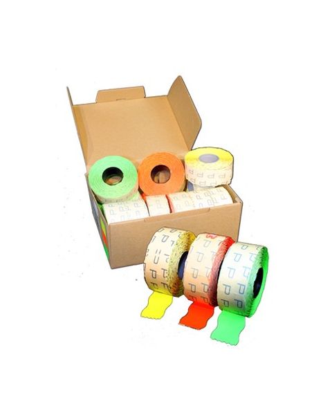 Æske m/ prisetiketter 2 linier - 4 neonfarver. 26 x 16 mm