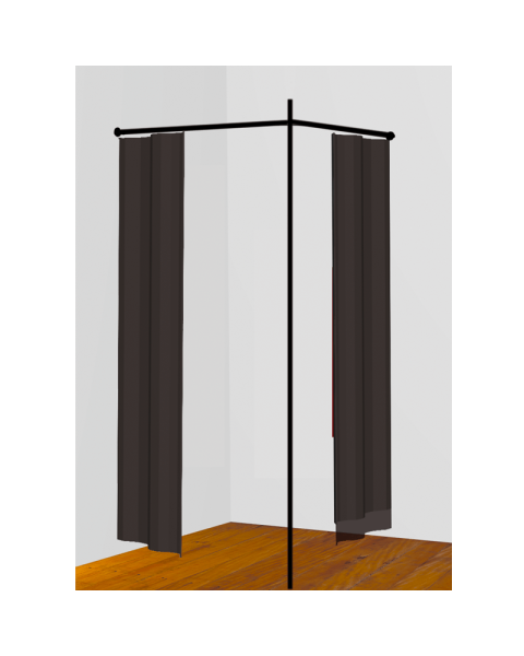 V-formet prøverum med søjle, sort stel og 2 sorte forhæng. 100 x 100 x H210 cm