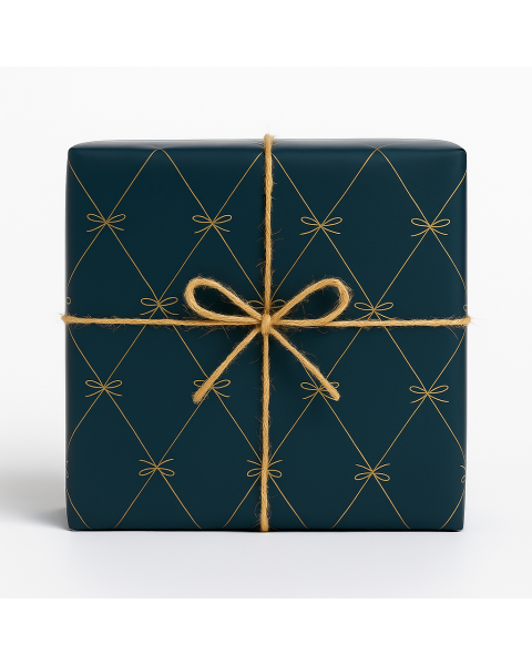 Gavepapir, jul, mat blå m/ guldtryk bånd og sløjfe, B50 cm x 50 mtr