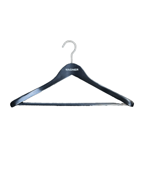 Wagner træbøjle, massiv, vinklet, ekstra kraftig, med skridsikker buksestang, mat sort, 13/50 mm tyk, 45 cm, satin krom. *RESTSALG*