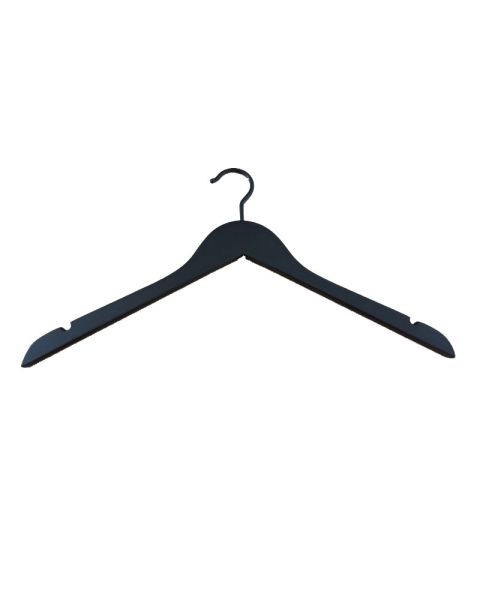 Vesterhavs Træbøjle, gummicoated, med hak. Mat sort, B 45 cm. Gummicoated krog i sort