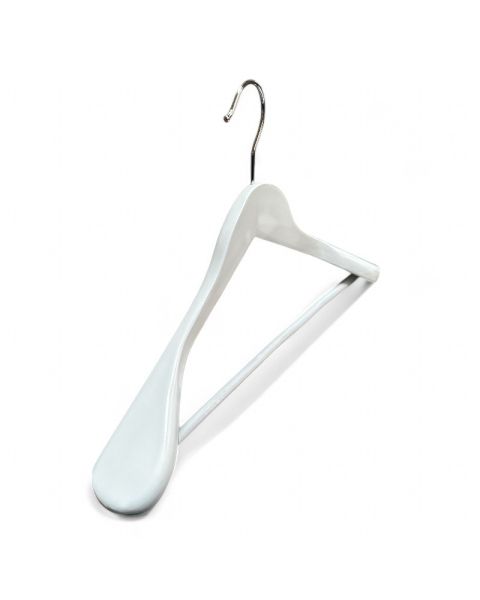 Træbøjle, massiv, vinklet, voksen, ekstra kraftig, med skridsikker buksestang, hvid, 13/50 mm tyk, 45 cm - med enkle afskalninger