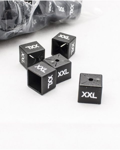 Størrelsesmærke, firkantet til bøjle, med størrelser - 50 stk. ens, sort