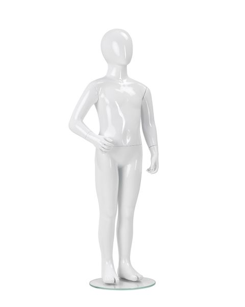Børnemannequin, 4 år,med hoved, uden ansigt, hvid high gloss, m/ rund glas fodplade, H114 cm