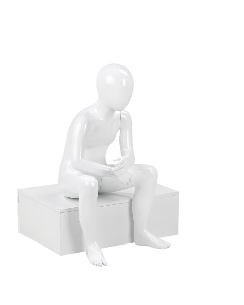 Børnemannequin, 8 år,med hoved, uden ansigt, hvid high gloss, siddende